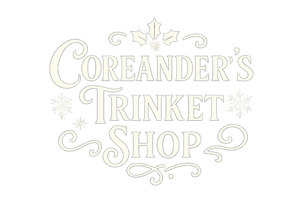 "Coreander's Trinket Shop" white lettering, holiday writing with transparent background